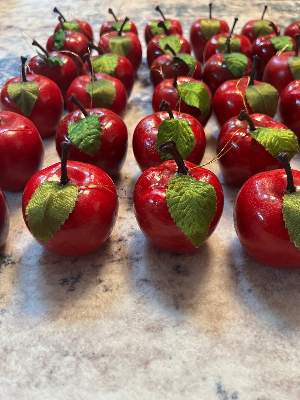 Vintage Red Apple Ornaments with Green Leaf, Gold Thread for hanging Bundle 36!